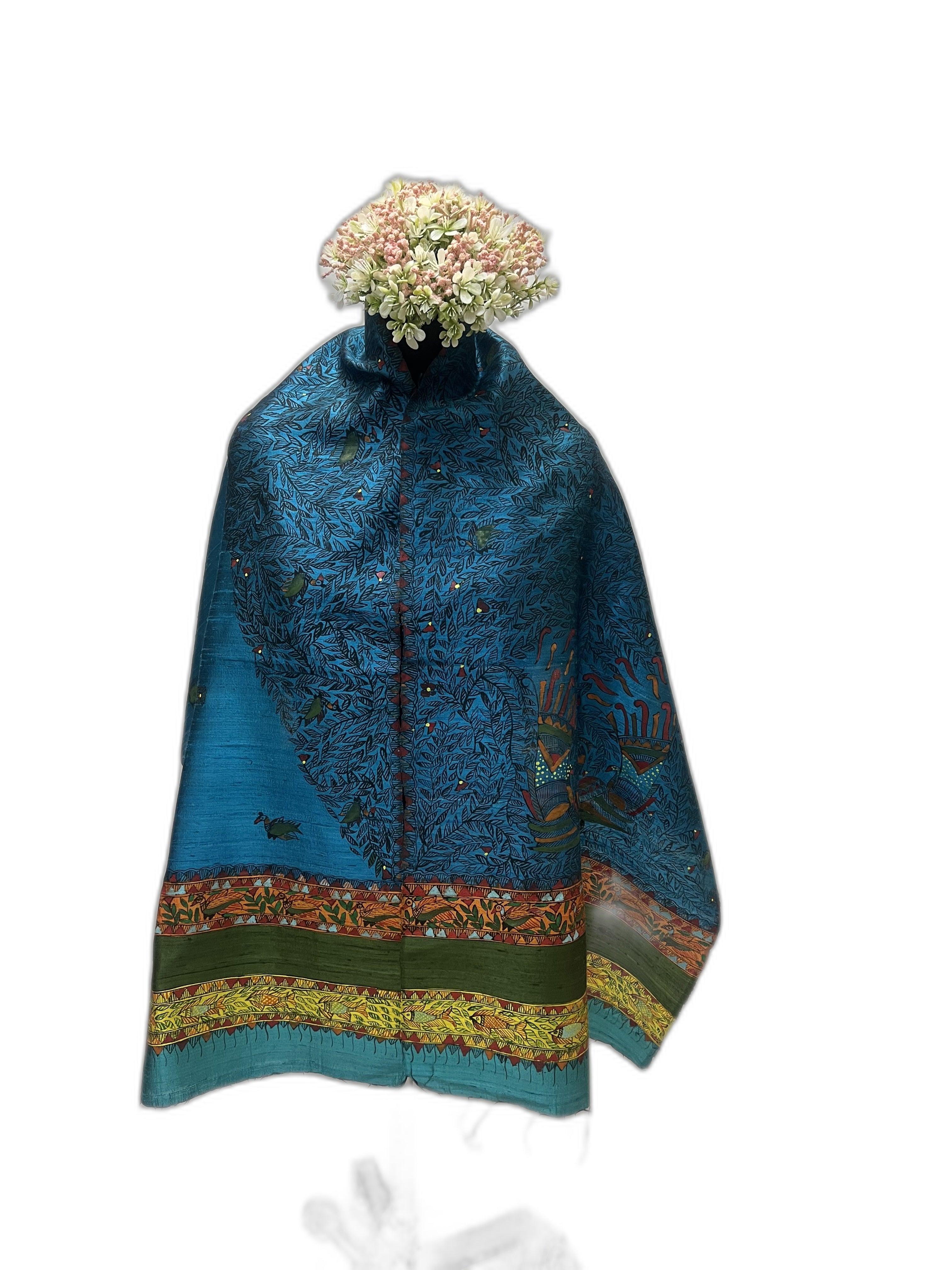 Madhubani Dupion Silk Stole in Turquoise with Handpainted Peacock and Fish, Motifs